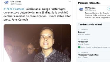 El partido Voluntad Popular&nbsp;indica a trav&eacute;s de su cuenta en la red social Twitter que el periodista fue puesto en libertad condicional y agrega que el profesional tiene restricciones de declarar a los medios de comunicaci&oacute;n.
