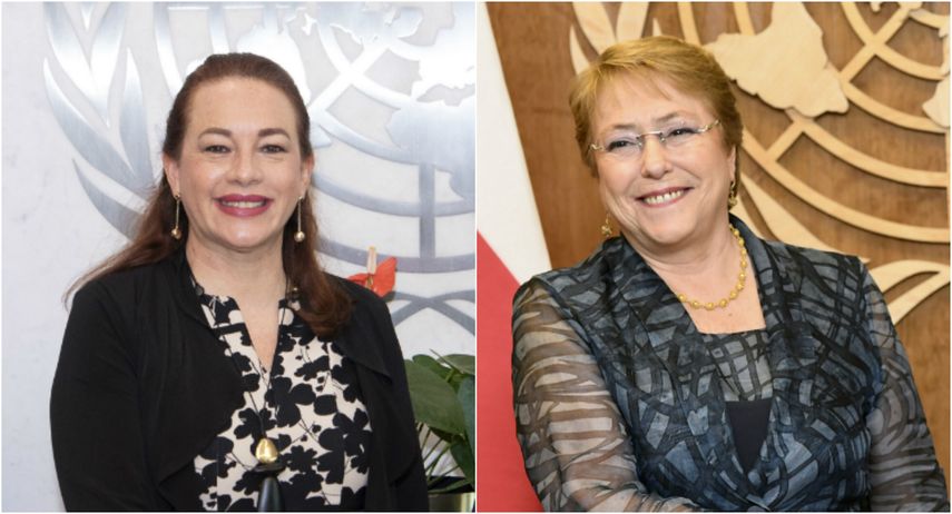 María Fernanda Espinosa (i) y&nbsp;Michelle Bachelet (d).&nbsp;