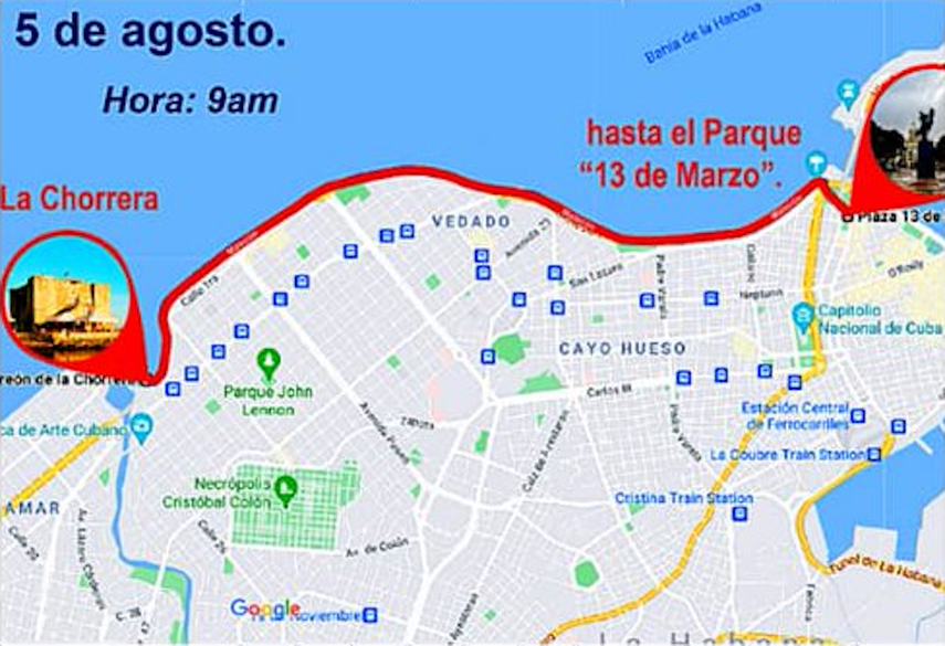 Recorrido planteado por el régimen comunista de Cuba para el 5 de agosto, otro aniversario del Maleconazo.&nbsp;