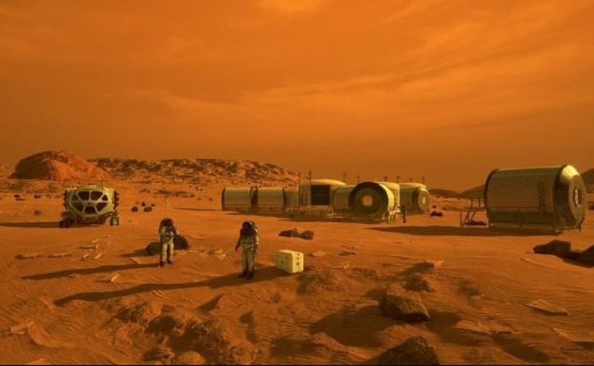 Este concepto representa a los astronautas y los hábitats humanos en Marte. El rover Mars 2020 de la NASA llevará una serie de tecnologías que podrían hacer que Marte sea más seguro y más fácil de explorar para los humanos. &nbsp;