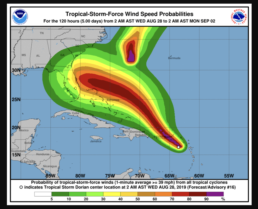 Trayectoria de Dorian que podría&nbsp;azotar a Puerto Rico.&nbsp;