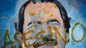 El rostro del dictador Daniel Ortega pintado en un mural ha sido cubierto con la palabra asesino, en medio de protestas contra el régimen en Managua, la capital del país.