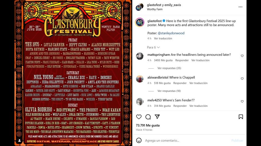 Festival de Glastonbury anuncia programación de 2025.