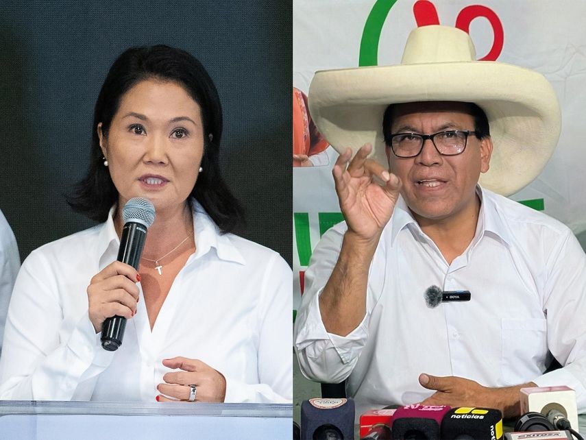 Combo de fotografías de archivo que muestra a los candidatos a la Presidencia de Perú, Keiko Fujimori (i) y Roberto Sánchez. El escrutinio de las elecciones presidenciales de Perú concluyó este viernes, 33 días después de la votación, al alcanzar el 100 % en votos contabilizados, que confirman una segunda vuelta para el 7 de junio entre la derechista Keiko Fujimori y el izquierdista Roberto Sánchez.&nbsp;&nbsp;