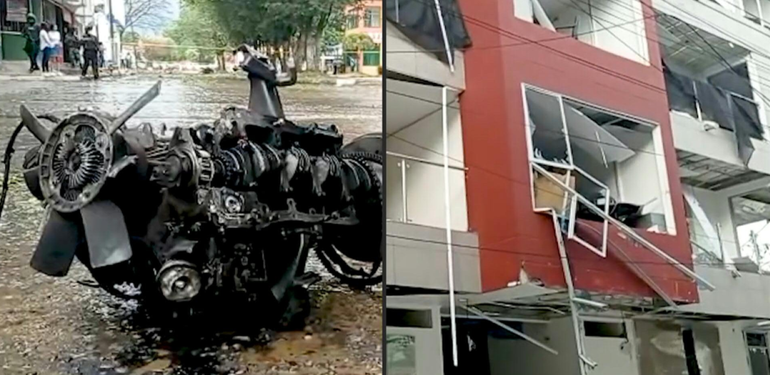 Capture de pantalla de video que muestra como quedó la sede tras la explosión del vehículo que dejó 1 muerto y 20 heridos en zona limítrofe entre Colombia y Venezuela, 20 de Enero 2022. 