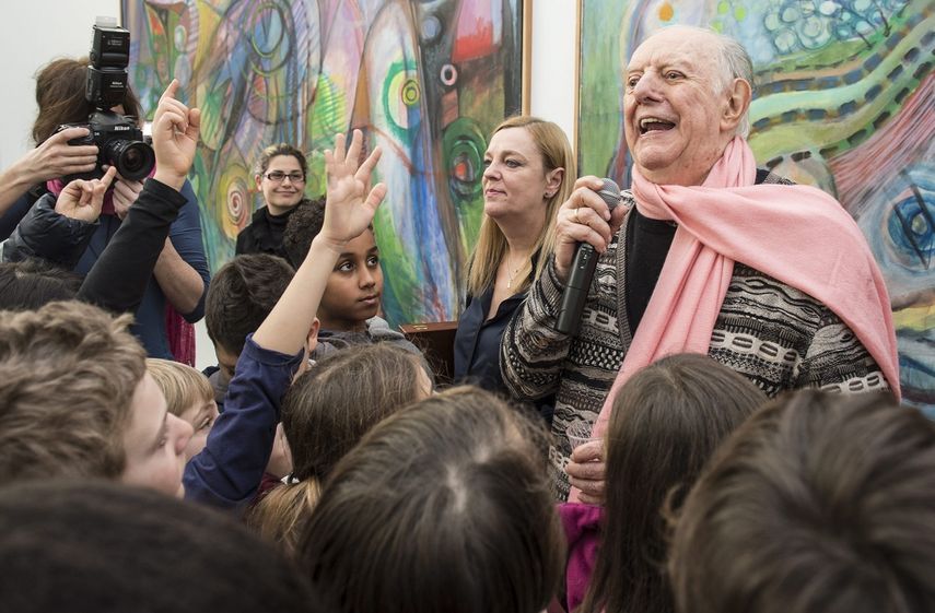 Fotografía de enero de 2014 del dramaturgo y actor italiano&nbsp;Dario&nbsp;Fo durante un encuentro con escolares en el museo m.a.x. de Chiasso (sur de Suiza)