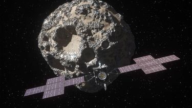 Esta imagen de un video de animación distribuido por la NASA en octubre de 2023 muestra la nave espacial Psyche en aproximación al asteroide Psyche.&nbsp;