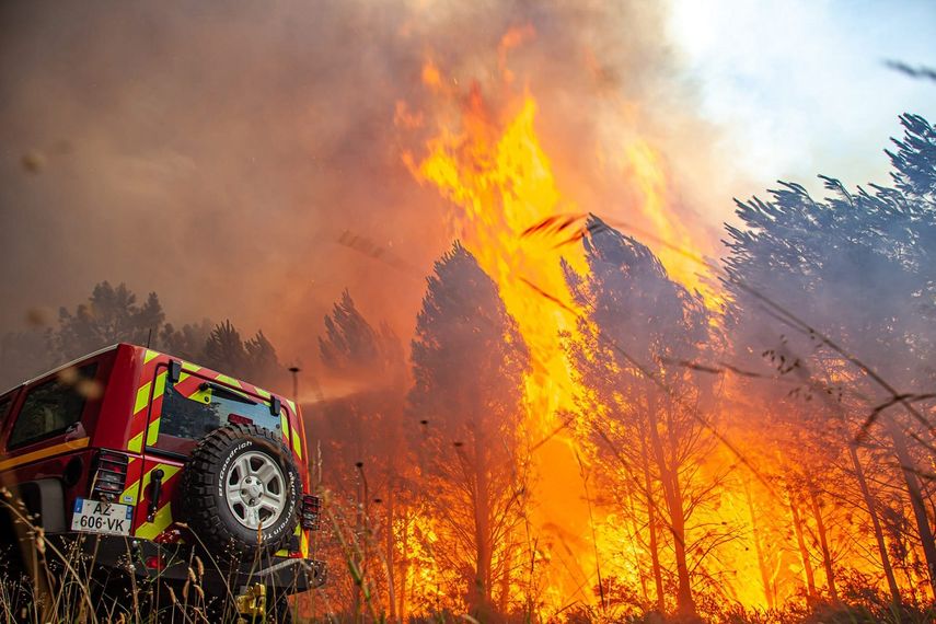 Fotografía facilitada por la brigada antiincendios SDIS 33 muestra las llamas consumiendo árboles cerca de Landiras, en el suroeste de Francia, el sábado 16 de julio de 2022.&nbsp;