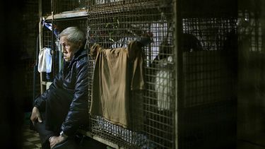 Yeung Ying Biu está sentado en la jaula de 1,5 metros cuadrados que constituye su hogar en Hong Kong. (AP)