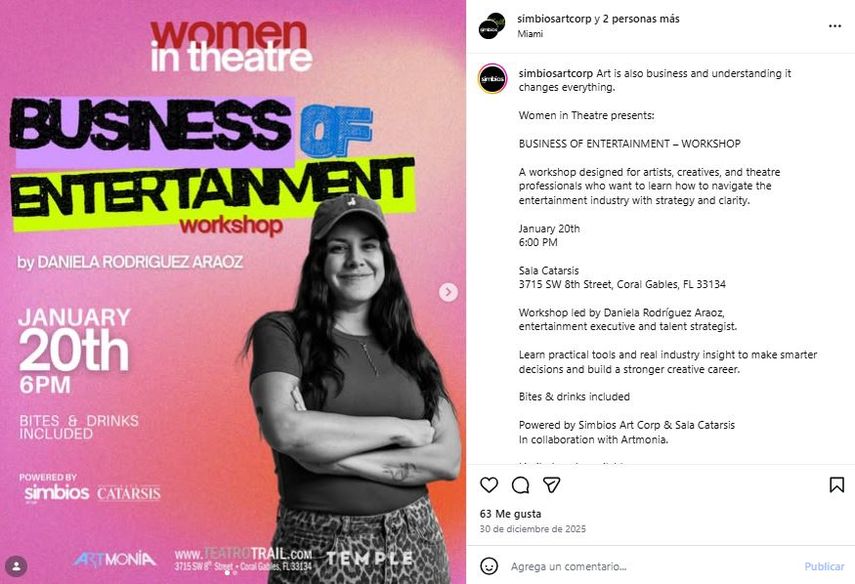 Flyer oficial de Women in Theatre, powered by Simbios Art Corp.