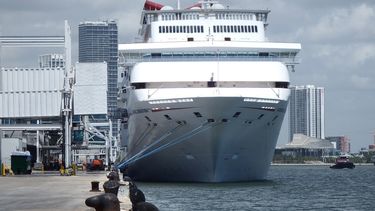 Vista parcial de un crucero fondeado en el Puerto de Miami.