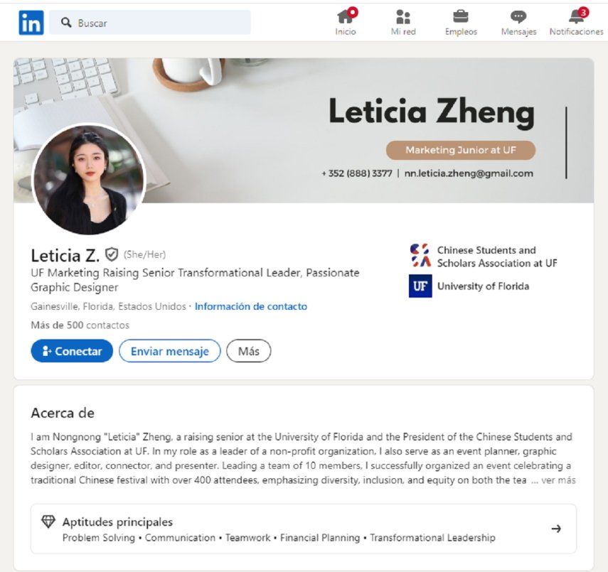 Captura de pantalla del LinkedIn de la acusada Leticia Zheng. 