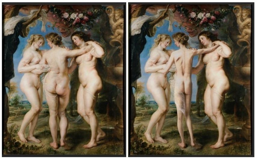 Las tres Gracias, de Rubens, intervenida digitalmente por el fotógrafo Jorge Salgado, se exhibe en la exposición Arte y Salud Mental en el Museo Nacional Thyssen-Bornemisza, en España.