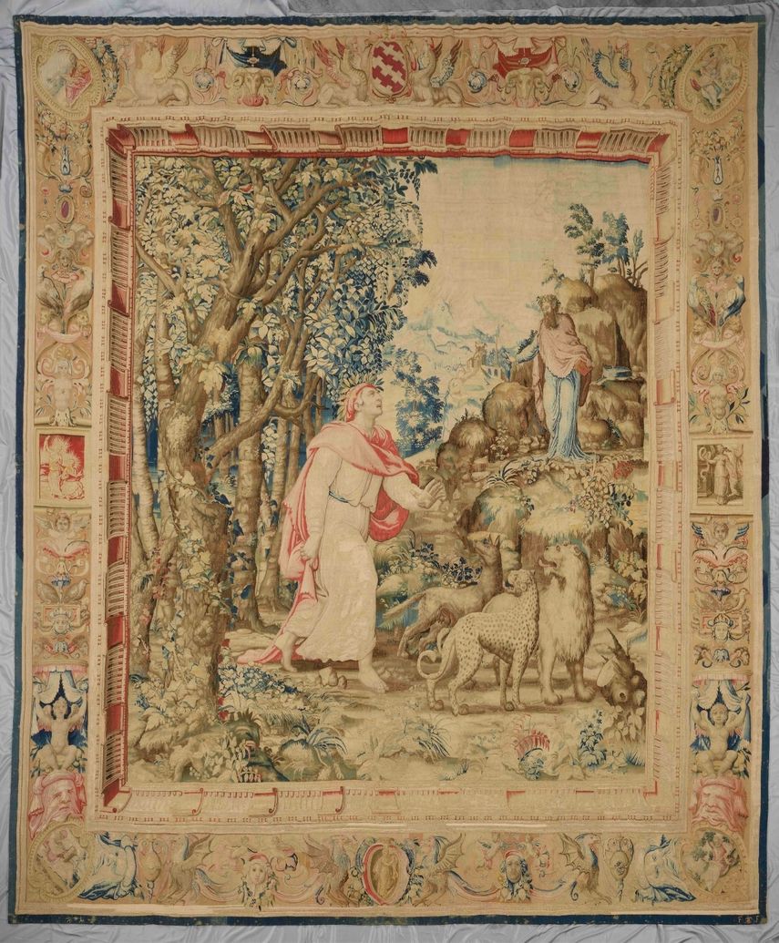 El tapiz El encuentro de Dante y Virgilio, 1546–49. Lana, seda, tejido en tapiz. &nbsp;