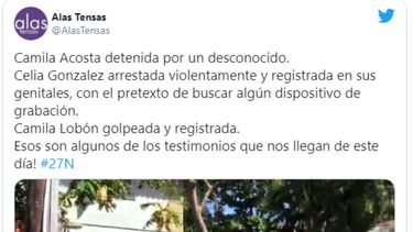 Captura de pantalla. Mensaje difundido en Twitter sobre los hechos de violencia ocurridos contra las mujeres.&nbsp;