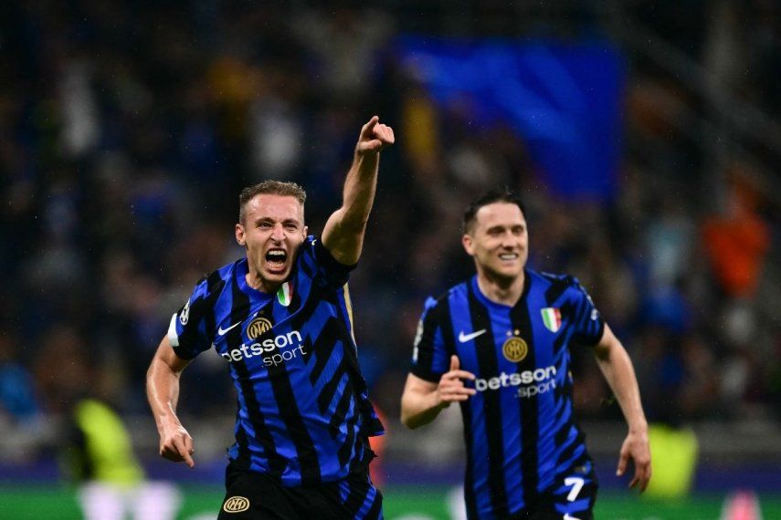 El mediocampista del Inter, Davide Frattesi, celebra luego de anotar el cuarto gol de su equipo en un partido de la Champions League, el 6 de mayo de 2025.
