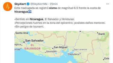 Un sismo poco profundo de magnitud 6,5 se registró frente a la costa oeste de Nicaragua, indicó el Servicio Geológico de Estados Unidos (USGS).