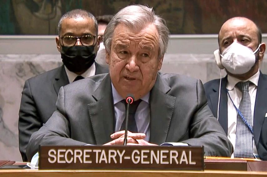 En esta imagen, tomada de un video de ONUTV, el secretario general de Naciones Unidas, António Guterres, interviene durante una reunión de urgencia del Consejo de Seguridad de la ONU sobre Ucrania para condenar las acciones de Rusia hacia el país e instar a acciones diplomáticas, el 23 de febrero de 2022, en la sede del organismo.&nbsp;