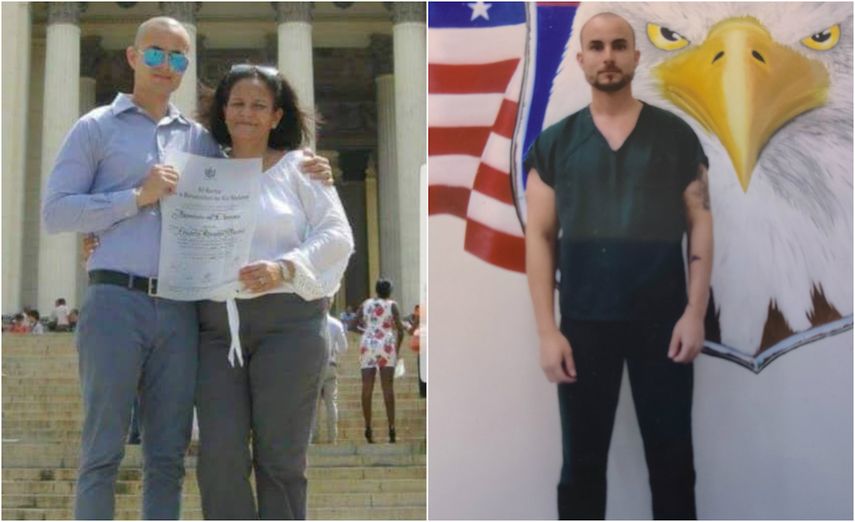 A la izquierda, Eduardo Álvarez posa junto a su madre en el día de su graduación. A la derecha, en La Palma Correctional Center.&nbsp;