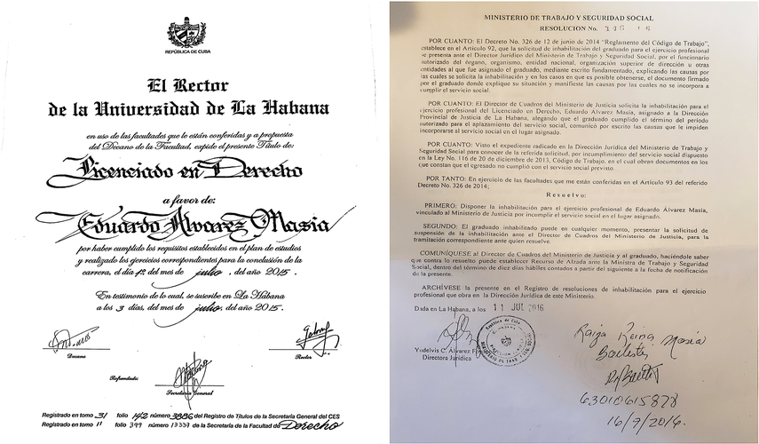 A la izquierda, su t&iacute;tulo de licenciatura en Derecho. A la derecha, el documento emitido por el Ministerio de Trabajo y Seguridad Social, donde se informa de la inhabilitaci&oacute;n del t&iacute;tulo de Eduardo &Aacute;lvarez.&nbsp;