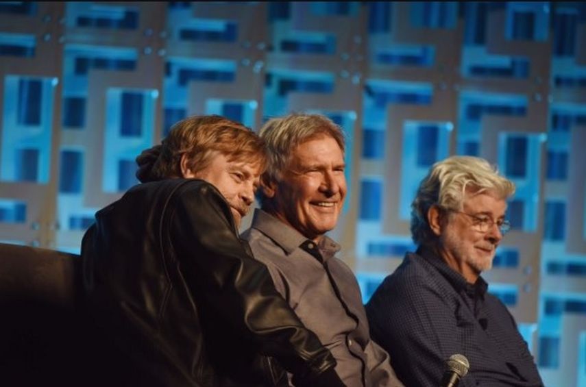 Mark Hamill, Harrison Ford y George Lucas en la Star Wars Celebration 2017.