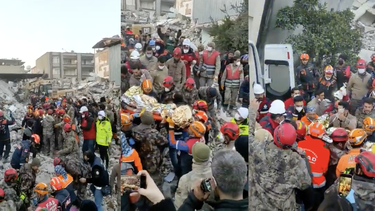 Collage con capturas de pantalla de un video compartido por el alcalde de oposición de Estambul Ekrem Imamoglu en su cuenta de Twitter, donde se aprecia el rescate de Hakan Yasinoglu, 12 días después de la catástrofe.&nbsp;