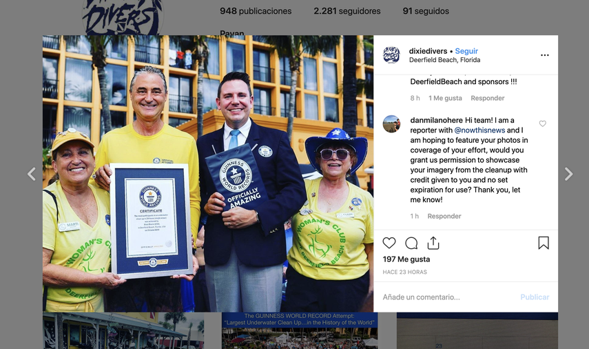 Un grupo de 633 buzos batió el Récord Mundial Guinness de la mayor cantidad de personas reunidas en un mismo lugar para realizar una limpieza submarina al mismo tiempo, cerca de un muelle de pesca en Deerfield Beach, en Fort Lauderdale, en el sur de&nbsp;Florida.