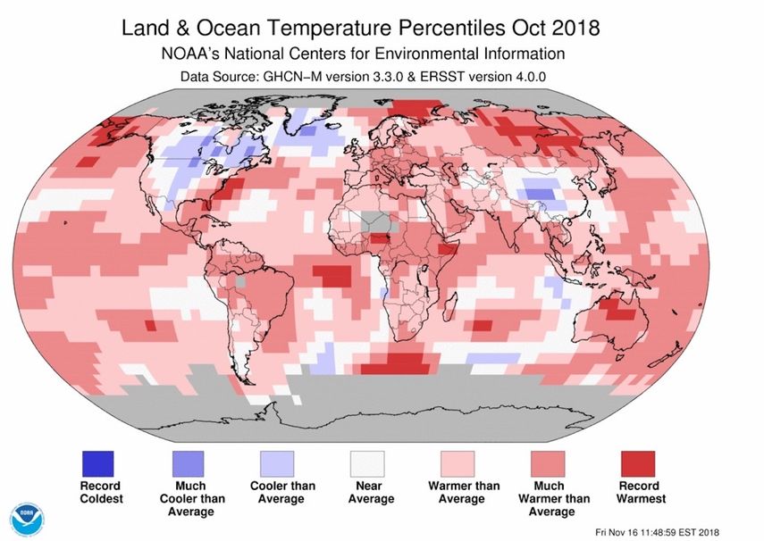 Mapa de temperaturas de octubre de 2018. Octubre de 2018 se ha convertido en el segundo mes de octubre más cálido a nivel mundial desde que hay registros, es decir, desde 1880.
