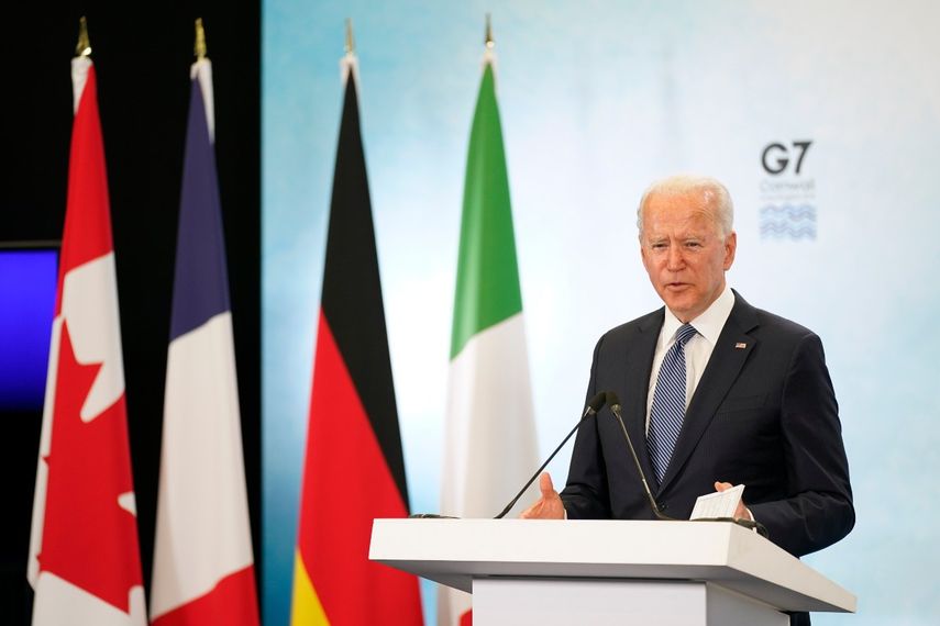 El presidente&nbsp; &nbsp;Joe Biden habla en una conferencia de prensa tras acudir a la cumbre de G7, el domingo 13 de junio de 2021, en el Aeropuerto de Cornualles, Newquay, Inglaterra.&nbsp;