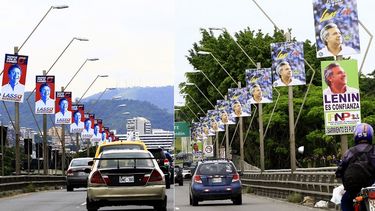Vista de los afiches de campaña que sobreviven al silencio electoral que precede la realización de los comicios presidenciales este domingo 2 de abril en Ecuador.