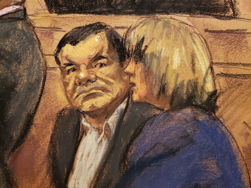 Dibujo realizado durante el juicio que se le sigue a Joaquín El Chapo Guzmán en Nueva York.