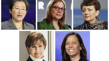 Esta combinación de fotografías muestran a las cinco mujeres que se desempeñan como las directoras ejecutivas mejor pagadas de las compañías que figuran dentro del índice bursátil S&P 500. Desde la izquierda superior, Lisa Su de Advanced Micro Devices, seguida de Mary Barra de General Motors, Lynn Good de Duke Energy. Desde la izquierda inferior, Phebe Novakovic de General Dynamics y Adena Friedman de Nasdaq.&nbsp; 