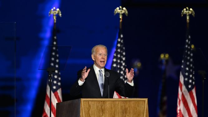 Joe Biden pronuncia un discurso en Wilmington, Delaware, el 7 de noviembre de 2020. &nbsp;