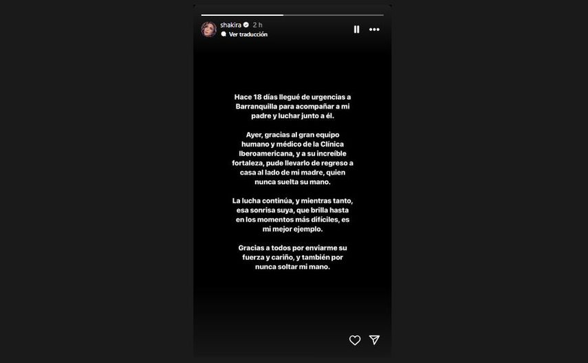 Shakira comparte un mensaje sobre la salud de su progenitor. 