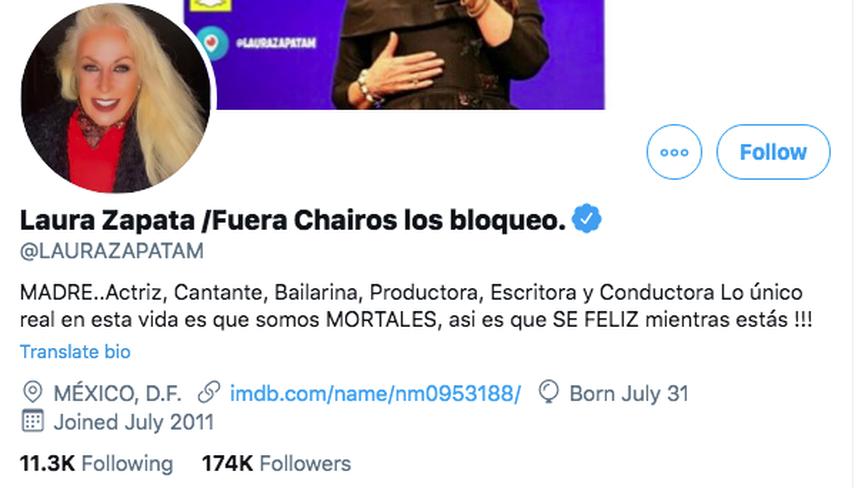 Perfil oficial en Twitter de la actriz mexicana Laura Zapata.
