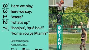 En este collage de fotos, el poema ganador del concurso de poesía Zip Odes, y su autora, la periodista Grethel Delgado, jugando básquetbol en el parque Moore Park.&nbsp;
