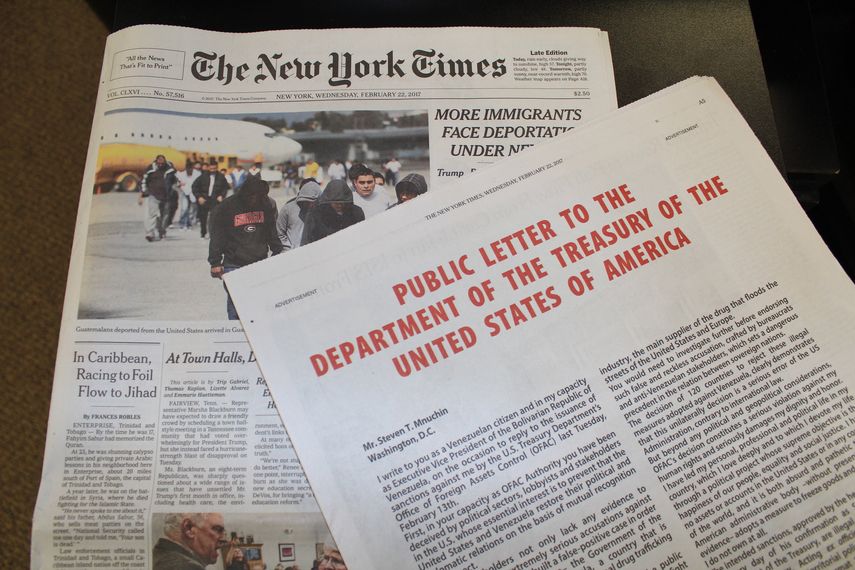 El texto de El Aissami en un anuncio pagado en la edición impresa del diario, que ocupa toda la página 5 del primer cuadernillo de The New York Times.