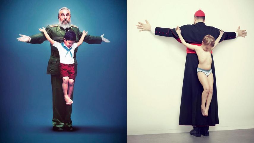 Doctrina, una obra del artista Erik Ravelo denuncia el uso de niños por parte del régimen castrista para participar en actos de repudio en Cuba. En la foto Doctrina, obra de Erik Ravelo, a la iquierda junto a otra pieza de su serie Intocables.