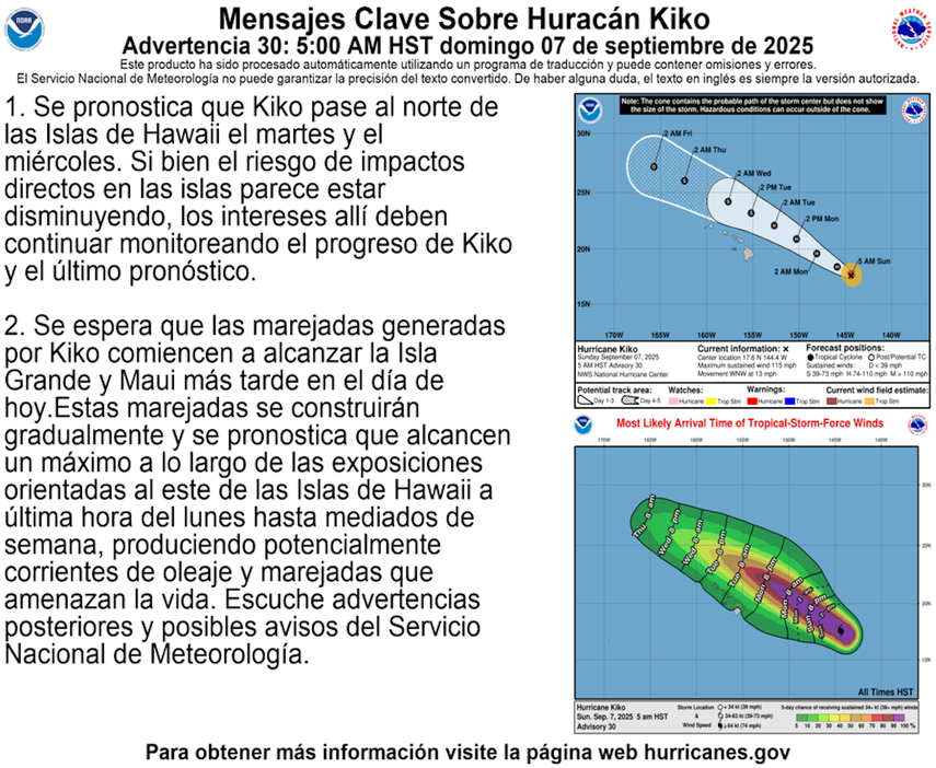 Aviso de NOAA sobre el huracán Kiko, el domingo 7 de septiembre.&nbsp;
