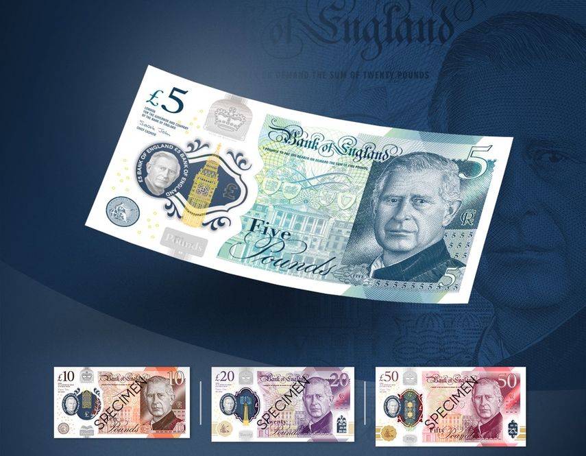 Una fotografía distribuida por el Banco de Inglaterra en Londres el 19 de diciembre de 2022 muestra el diseño de los nuevos billetes de polímero de cinco, diez, veinte y cincuenta libras con un retrato del rey Carlos III de Gran Bretaña. &nbsp;