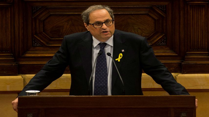El candidato de JxCat a ser investido presidente de la Generalitat,&nbsp;Quim&nbsp;Torra, durante su discurso en el Parlament