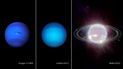 Esta imagen compuesta proveída por la NASA el 21 de septiembre del 2022 muestra tres fotografías de Neptuno tomadas por el Voyager 2 en 1989, Hubble en el 2021 y Webb en el 2022. 