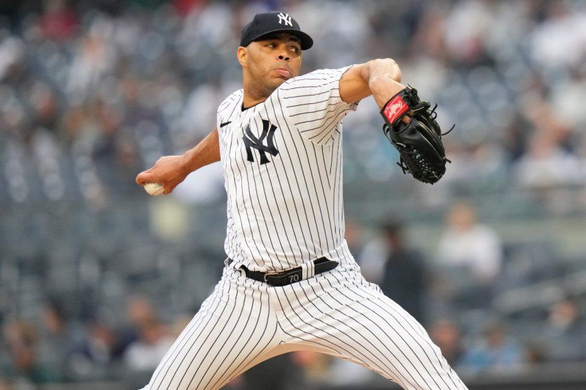 Jimmy Cordero de los Yanquis de Nueva York lanza ante los Medias Blancas de Chicago, el jueves 8 de junio de 2023, en Nueva York.&nbsp;
