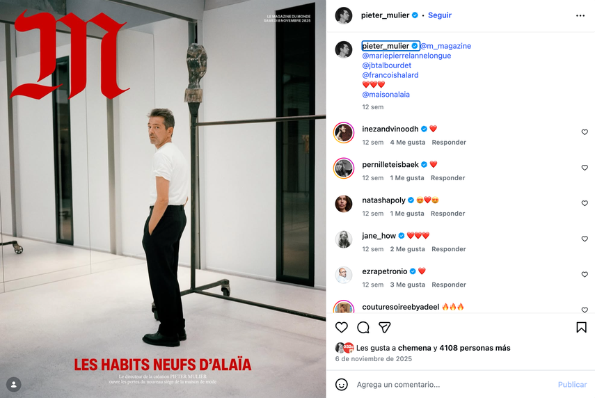 Captura de pantalla del Instagram del diseñador y estilista belga Pieter Mulier