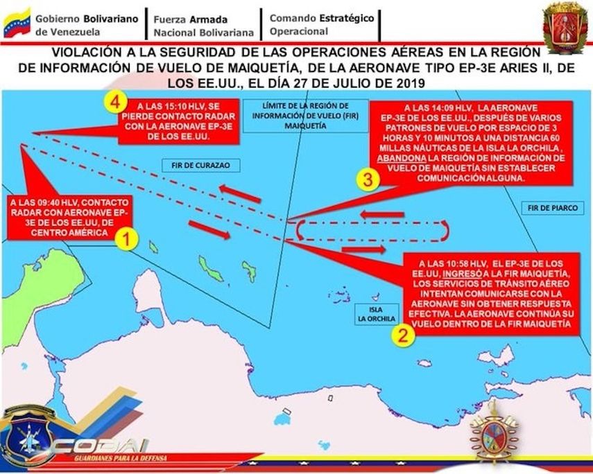 Plano hecho por el régimen en donde afirma sobre las supuestas incursiones de los aviones de EEUU sobre Venezuela.&nbsp;