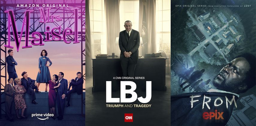 En esta combinación de fotos, el arte promocional de la serie The Marvelous Mrs. Maisel, que regresa en una nueva temporada el 18 de febrero en Amazon; LBJ: Triumph and Tragedy, un documental de dos partes sobre Lyndon Baines Johnson que se transmite el 20 y 21 de febrero por CNN, y la serie de terror y ciencia ficción From, que llega el 20 de febrero a Epix.&nbsp;
