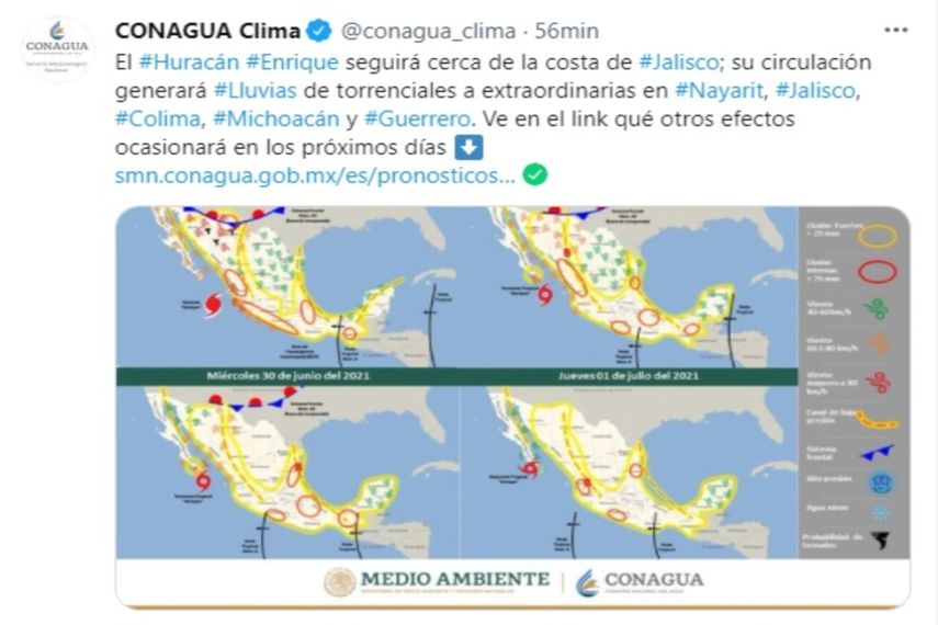 Las previsiones apunta a que el huracán Enrique se movería en paralelo a la costa de México durante los próximos días, antes de empezar a debilitarse al llegar a aguas más frías.