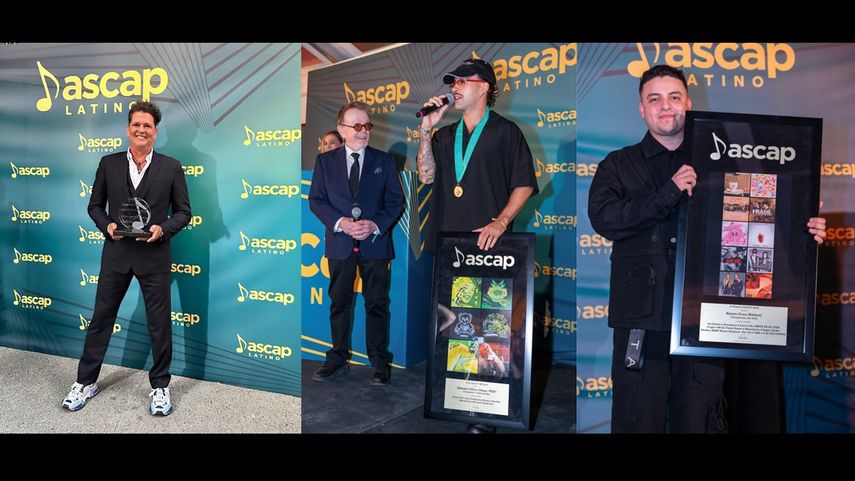 En este collage de fotos, de izquierda a derecha, aparecen Carlos Vives, Feid y Keityn recibiendo sus reconocimientos de parte de Premio Ascap 2024 en Miami el 2 de abril.