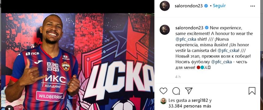 El venezolano Salomón Rondón compartió en su Instagram una foto en la que ya luce la camiseta del CSKA Moscú