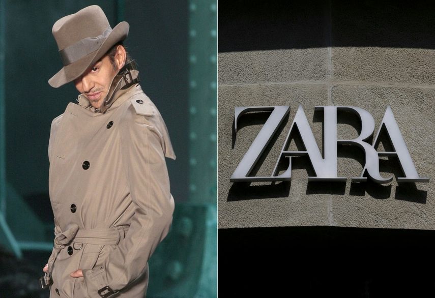 Esta combinación de imágenes de archivo, creada el 17 de marzo de 2026, muestra al diseñador británico John Galliano al final del desfile de prêt-à-porter Primavera-Verano 2010 de Christian Dior en París y el logotipo de Zara fotografiado en París el 16 de agosto de 2025.
